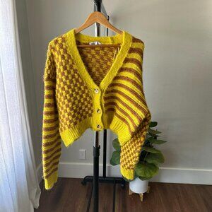 Womans Zara Yellow Checkered Striped Pattern Block Oversized Cardigan S EUC